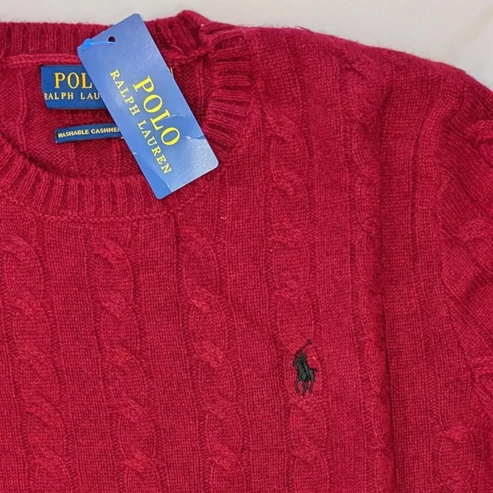 Polo Ralph Lauren Wool Cashmere Cable Knit Crewneck Sweater Burgundy M NWT - Picture 3 of 7